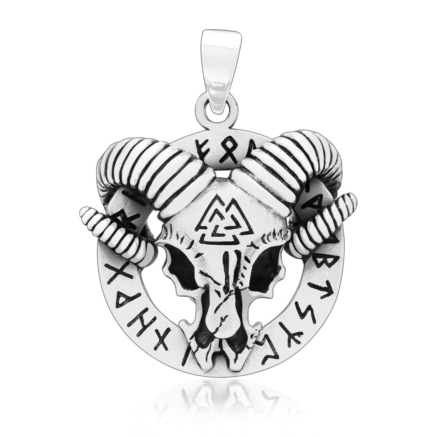 925 Sterling Silver Goat Head Pendant With Valknut and Runes-Viking Necklace-Norse Spirit