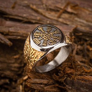 Dual Color Circular Stainless Steel Vegvisir Ring-Viking Ring-Norse Spirit