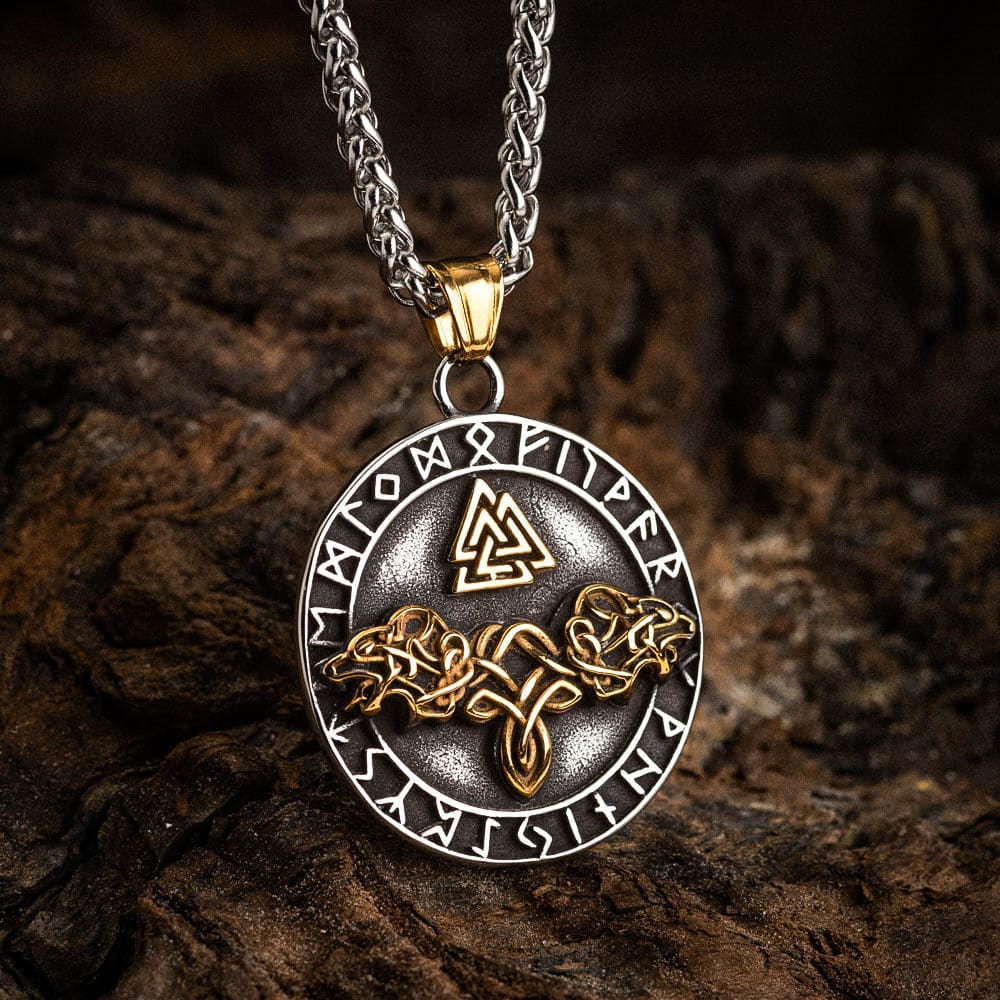 Dual Colored Stainless Steel Circular Twin Wolf and Valknut Necklace-Viking Necklace-Norse Spirit