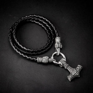 Raven's Head Leather Kings Chain With Thor's Hammer Pendant-Viking Necklace-Norse Spirit