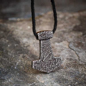Stainless Steel Aged Mjolnir on Black Cord-Viking Necklace-Norse Spirit