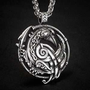 Stainless Steel Circular Raven and Knotwork Necklace
