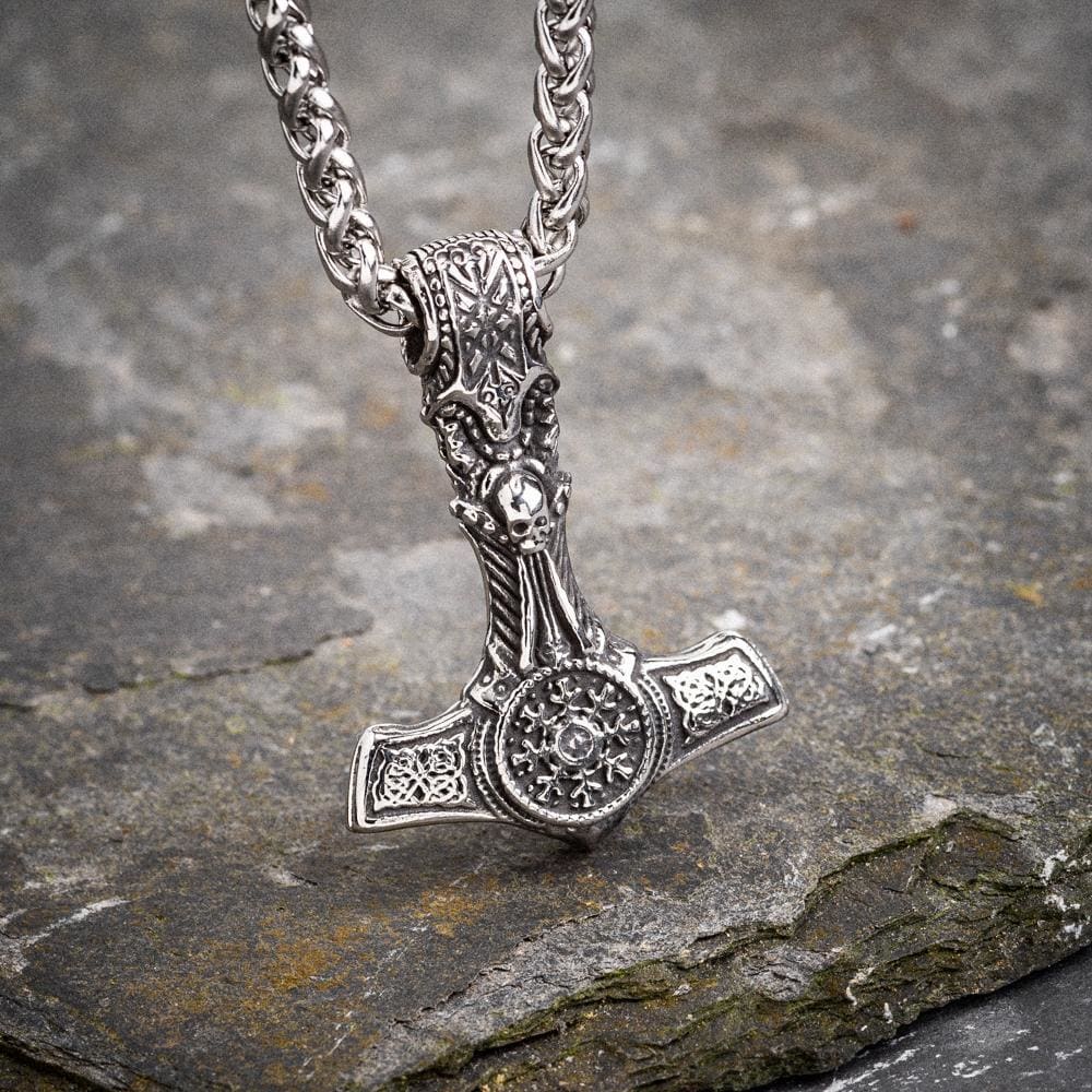Stainless Steel Mjolnir With Skull and Helm of Awe-Viking Necklace-Norse Spirit
