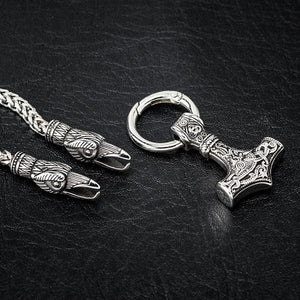 Stainless Steel Raven's Head Kings Chain With Mjolnir Pendant-Viking Necklace-Norse Spirit