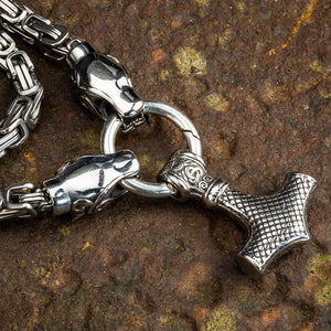 Stainless Steel Wolf Head Link Kings Chain with Stainless Steel Mjolnir Pendant-Viking Necklace-Norse Spirit