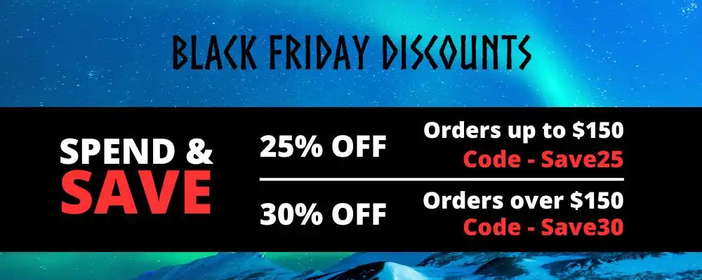 Black Friday promotional banner showing tiered discounts of 25% and 30% off with corresponding promo codes.