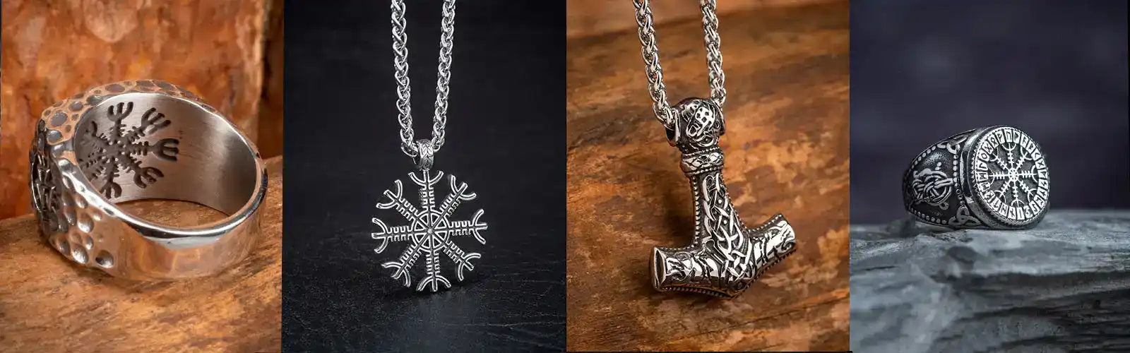 Four Viking-style silver jewelry pieces including a ring, snowflake pendant, Thor’s hammer pendant, and compass ring.