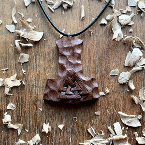 Hand Carved Mjolnir and Valknut Pendant in Wood