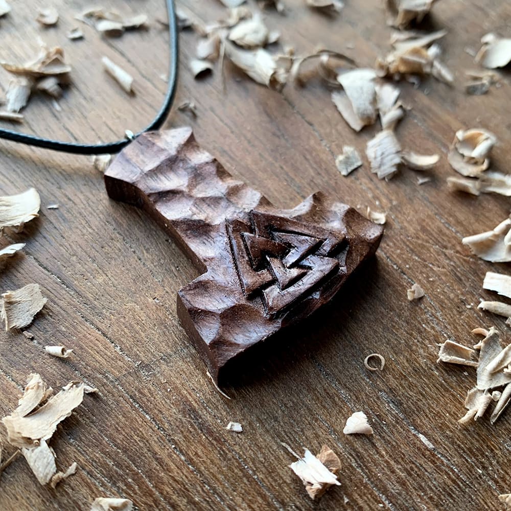 Hand Carved Mjolnir and Valknut Pendant in Wood