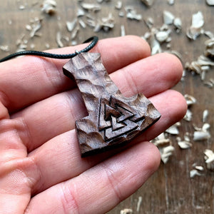 Hand Carved Mjolnir and Valknut Pendant in Wood