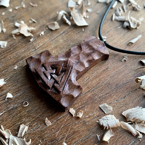 Hand Carved Mjolnir and Valknut Pendant in Wood