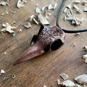 Hand Carved Raven’s Skull and Helm of Awe Pendant in Wood