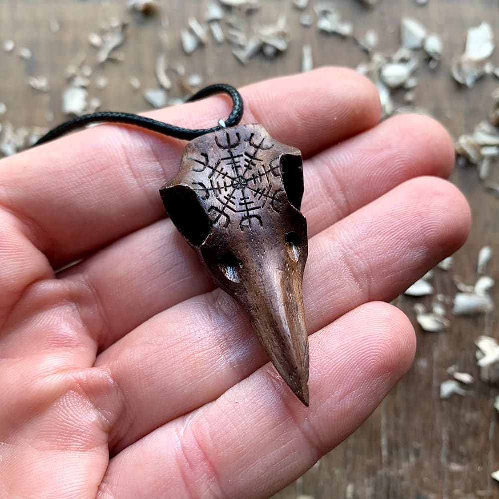 Hand Carved Raven's Skull and Valknut Pendant in Olive Wood - Norse Spirit