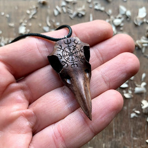 Hand Carved Raven’s Skull and Helm of Awe Pendant in Wood