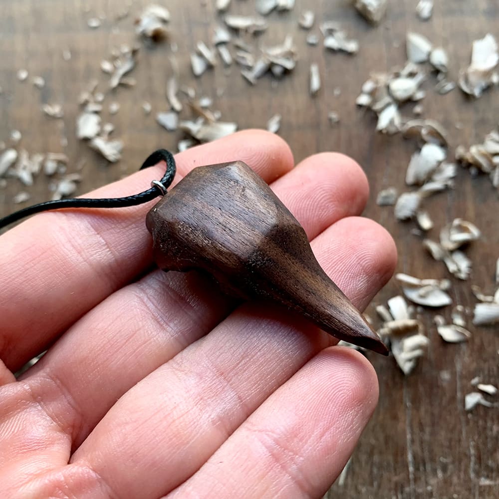 Hand Carved Raven's Skull and Valknut Pendant in Olive Wood - Norse Spirit