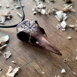 Hand Carved Raven’s Skull and Helm of Awe Pendant in Wood