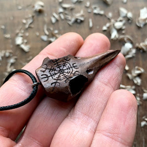 Hand Carved Raven’s Skull and Helm of Awe Pendant in Wood