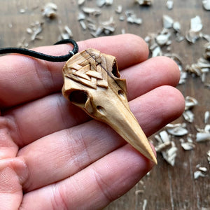 Hand Carved Raven’s Skull and Valknut Pendant in Olive Wood