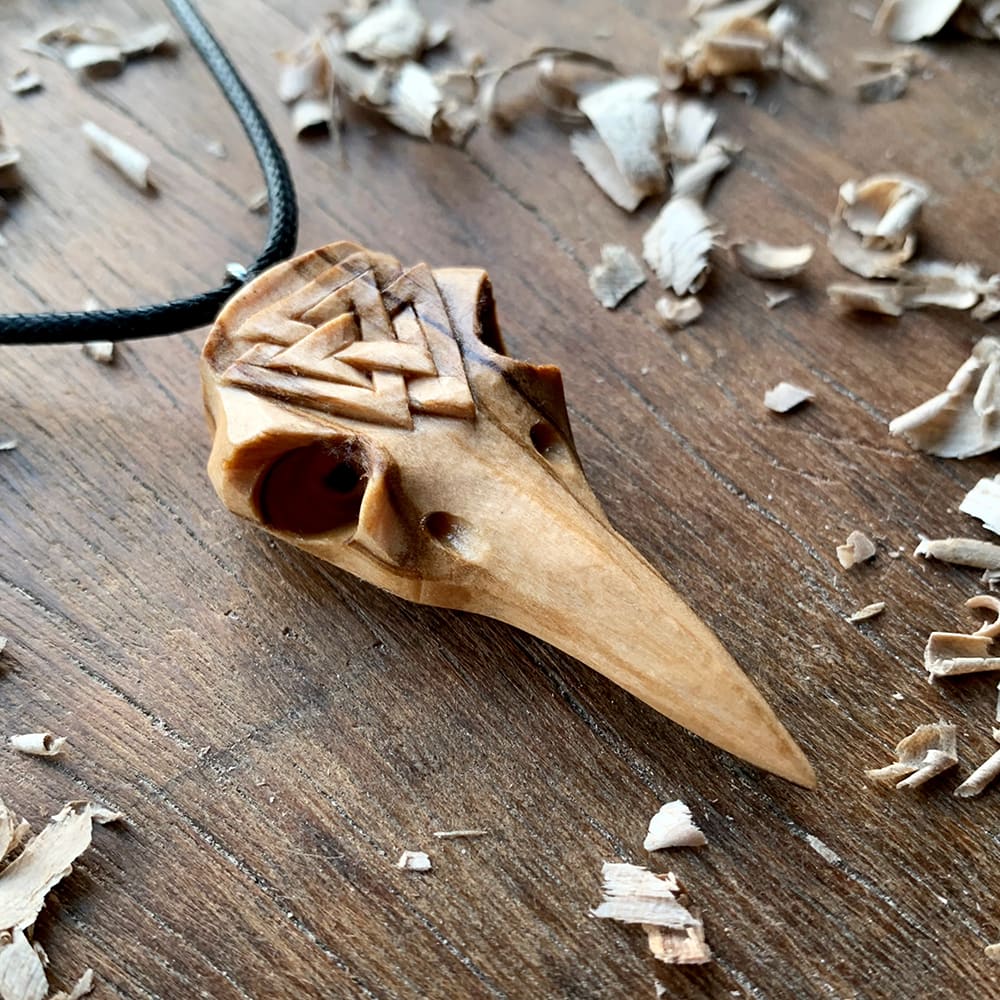 Hand Carved Raven’s Skull and Valknut Pendant in Olive Wood