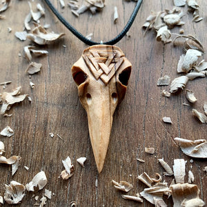 Hand Carved Raven’s Skull and Valknut Pendant in Olive Wood