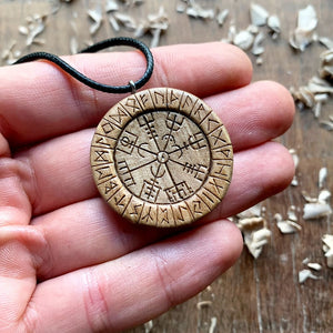 Hand Carved Round Vegvisir and Runes Pendant in Olive Wood