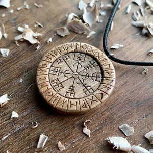 Hand Carved Round Vegvisir and Runes Pendant in Olive Wood