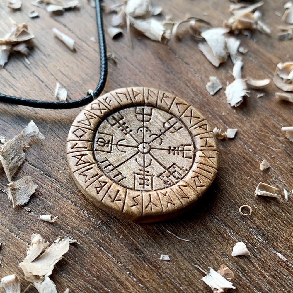 Hand Carved Round Vegvisir and Runes Pendant in Olive Wood