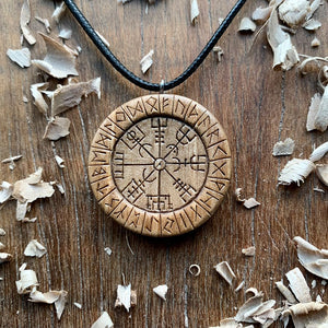 Hand Carved Round Vegvisir and Runes Pendant in Olive Wood