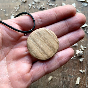 Hand Carved Round Vegvisir and Runes Pendant in Olive Wood