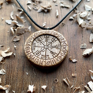 Hand Carved Round Vegvisir and Runes Pendant in Olive Wood