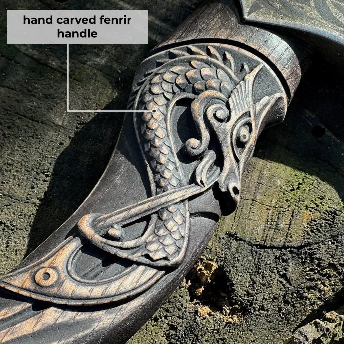 Bearded Viking Fenrir Axe With Carved Handle - Norse Spirit