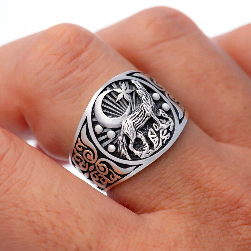 WithLoveSilver Sterling Silver Howling Wolf Pendant - Crescent Moon & Stars Amulet, 6.8g .925 Silver