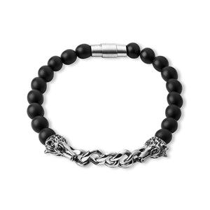 Stainless Steel and Onyx Bead Wolf Head Necklace-Viking Bracelet-Norse Spirit