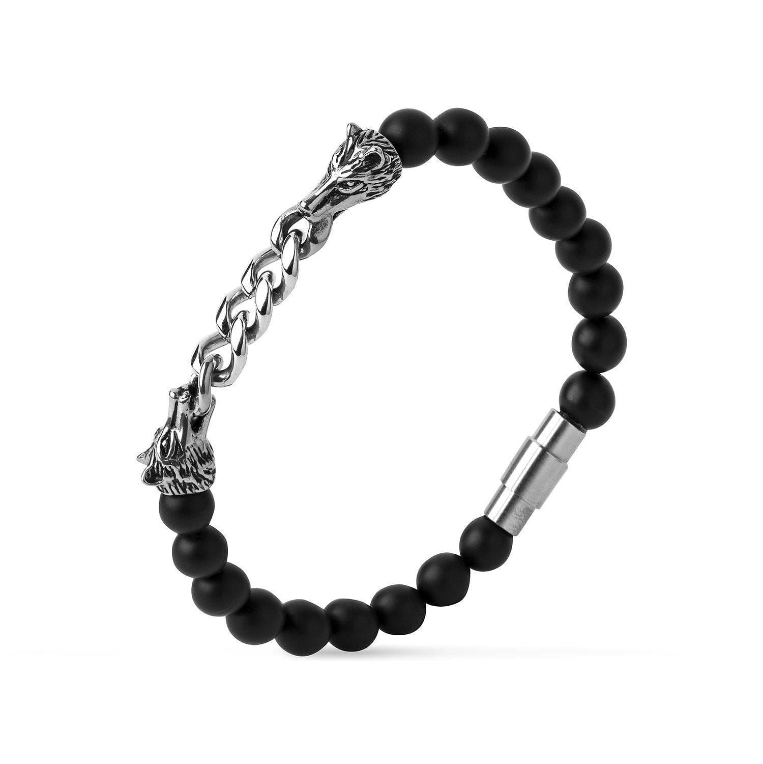 Stainless Steel and Onyx Bead Wolf Head Necklace-Viking Bracelet-Norse Spirit