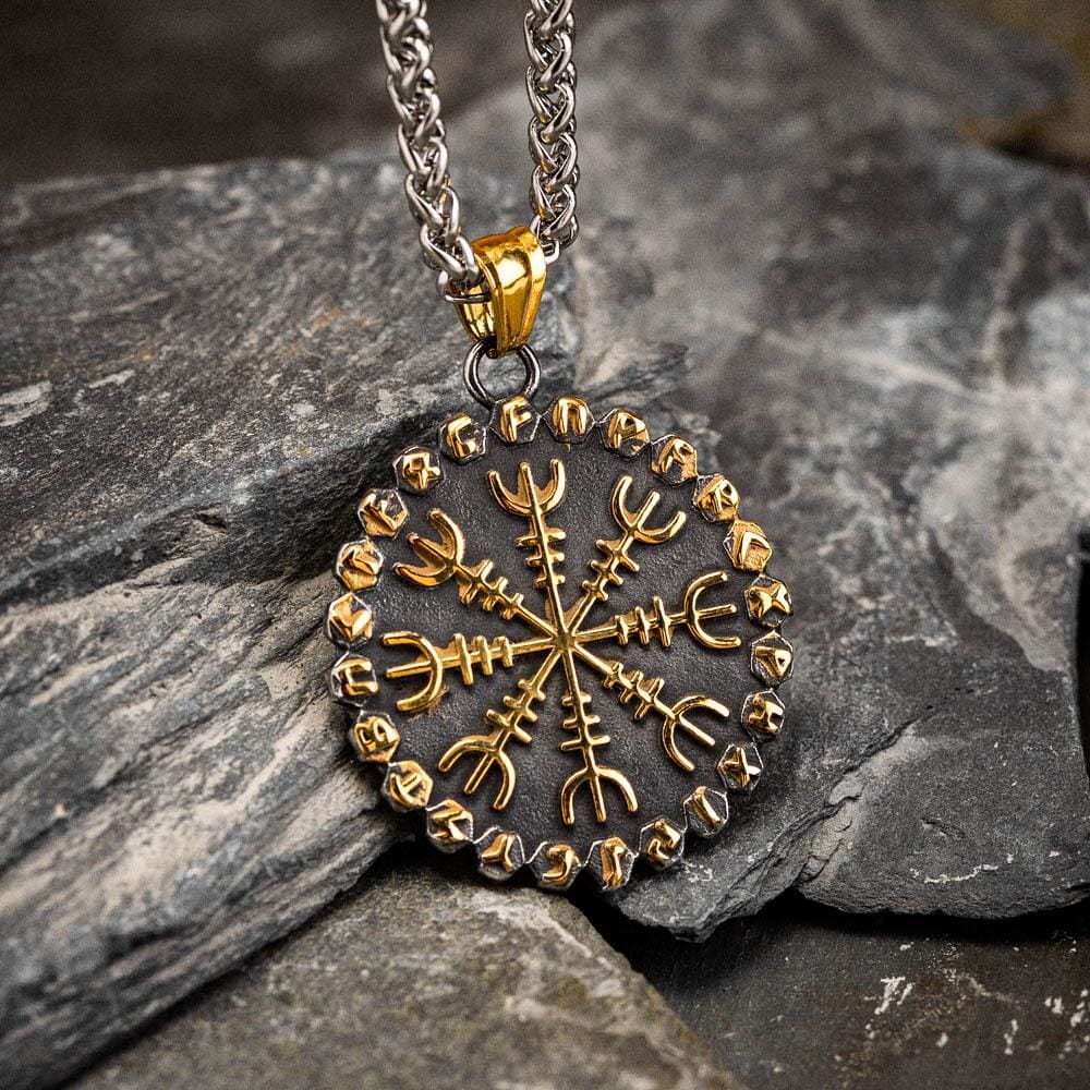 Stainless Steel Dual Color Helm of Awe and Vegvisir Pendant-Viking Necklace-Norse Spirit