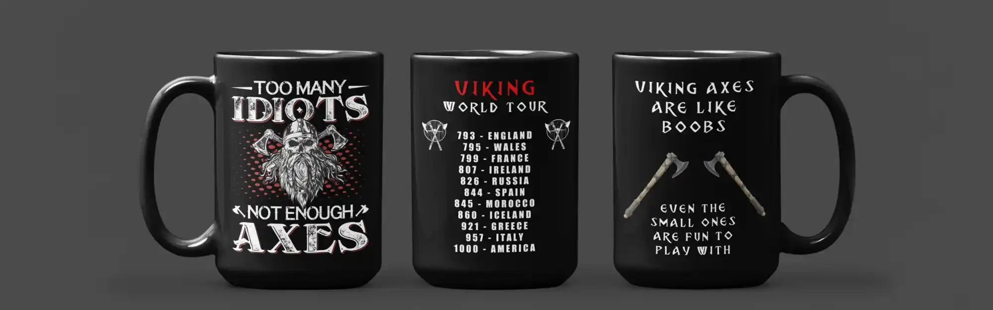 Three black coffee mugs with Viking-themed designs and text printed in white.