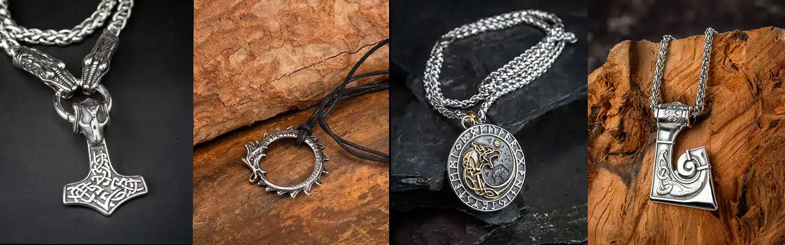 Viking-style jewelry pieces featuring Thor’s hammer and other Norse-inspired pendants on metal chains.