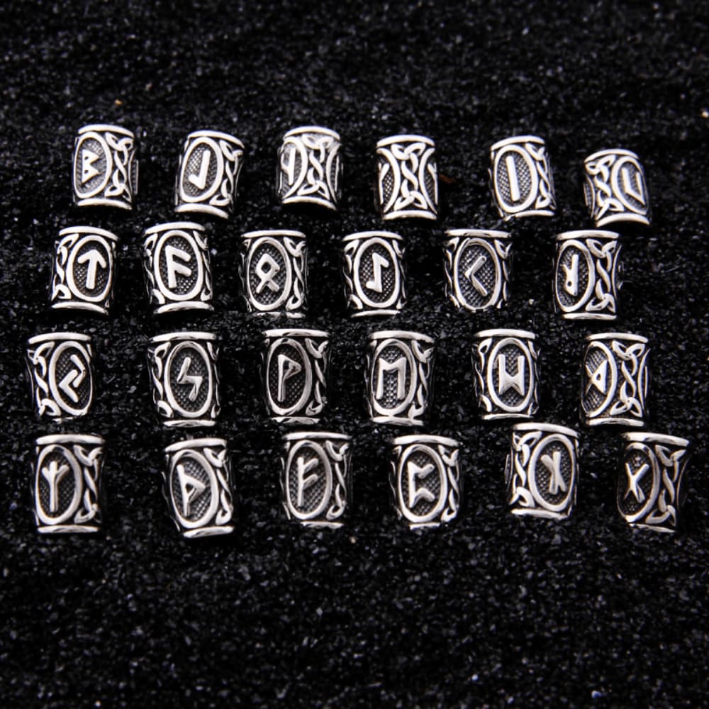 Blue Rune Bead 24pcs Stainless Steel Rune Bead Set for Beards and Hair - Norse Spirit