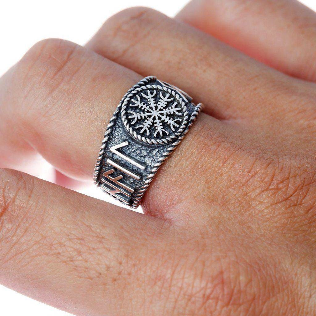 925 Sterling Silver Antique Helm of Awe and Runes Ring-Viking Ring-Norse Spirit