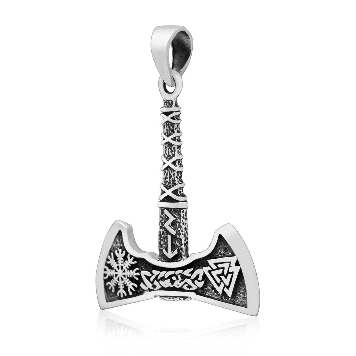 925 Sterling Silver Axe Pendant With Valknut, Helm of Awe and Runic Inscriptions-Viking Necklace-Norse Spirit