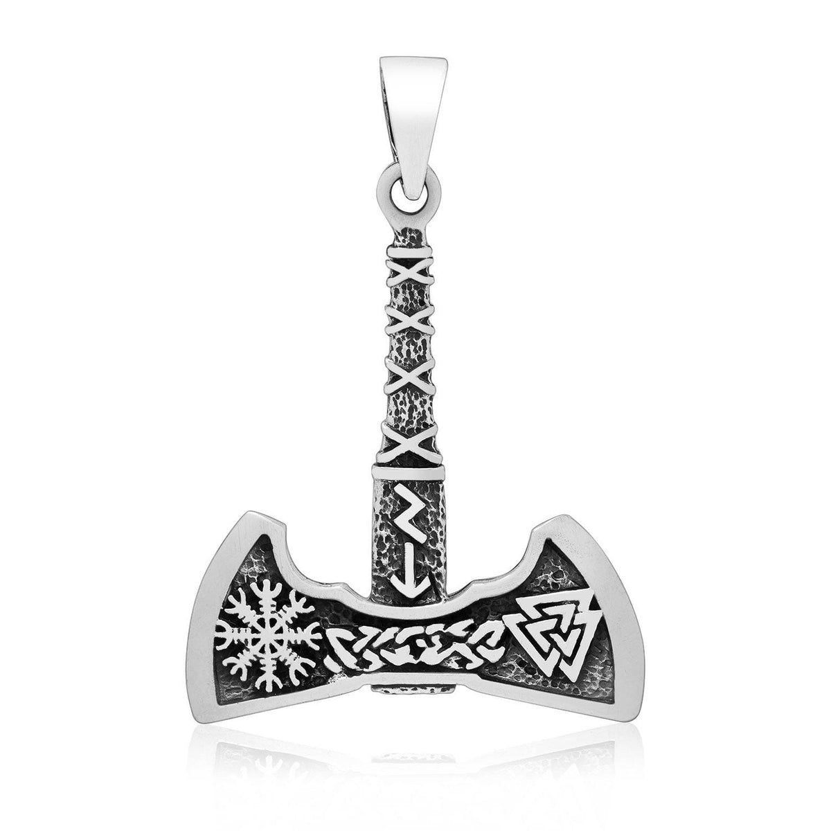 925 Sterling Silver Axe Pendant With Valknut, Helm of Awe and Runic Inscriptions-Viking Necklace-Norse Spirit