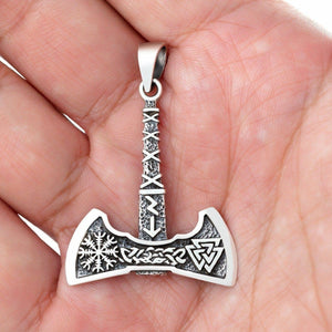 925 Sterling Silver Axe Pendant With Valknut, Helm of Awe and Runic Inscriptions-Viking Necklace-Norse Spirit