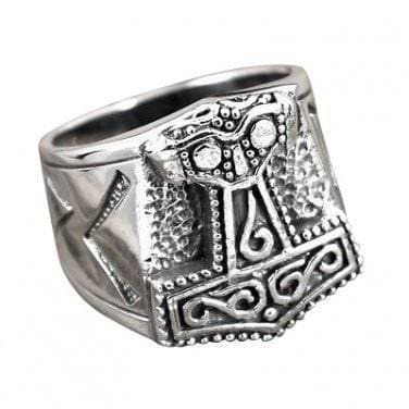 Silver Mjolnir and Runes Viking Ring