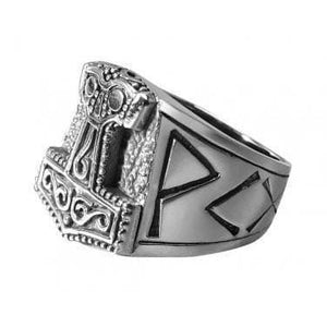 Silver Mjolnir and Runes Viking Ring