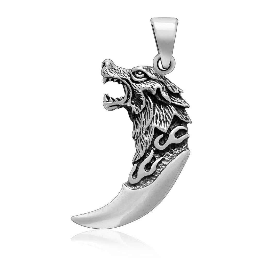 925 Sterling Silver Howling Wolf Tooth Pendant - Norse Spirit