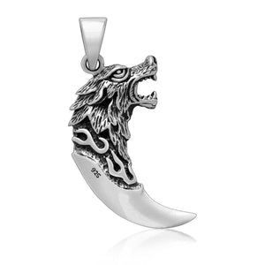 925 Sterling Silver Howling Wolf Tooth Pendant-Viking Necklace-Norse Spirit