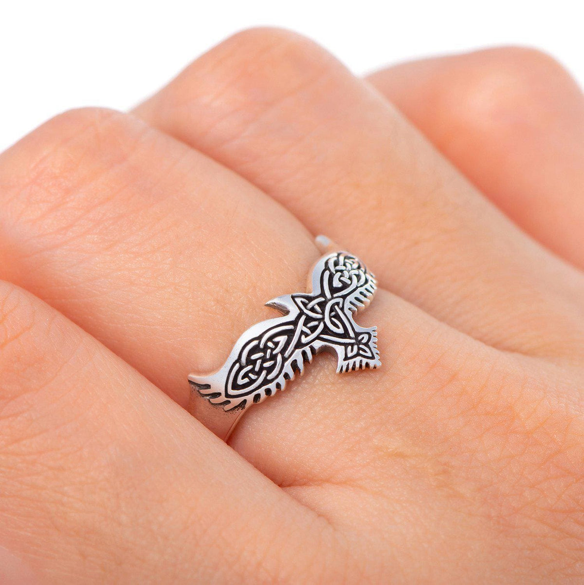 925 Sterling Silver Ladies Raven and Celtic Knotwork Ring-Viking Ring-Norse Spirit