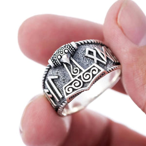 Handmade Sterling Silver Thorshammer Ring – Viking Mjölnir With Runes – Celtic Amulet – Unisex 925