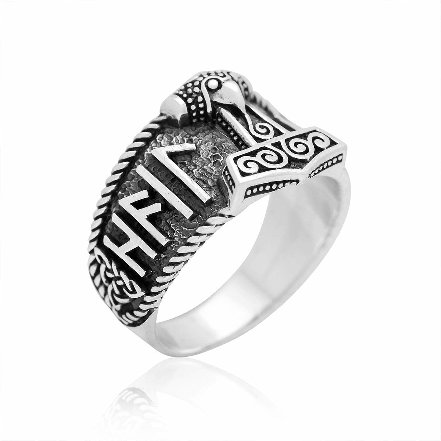 925 Sterling Silver Mjolnir and Hail Odin Runes Ring - Norse Spirit