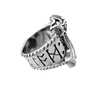 925 Sterling Silver Mjolnir and Runes Viking Ring